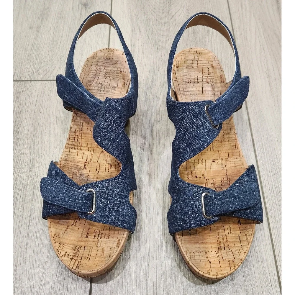 Women's Navy Shimmer Leather Cork Wedge Sandals Adjustable Straps Blue 9M